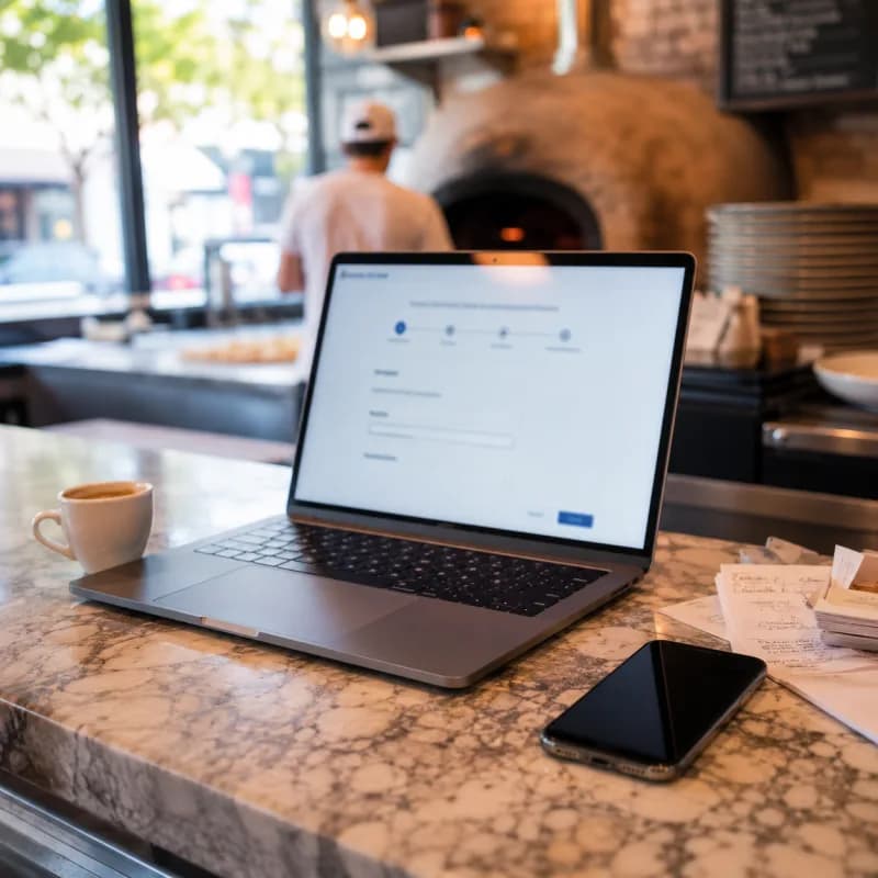 Laptop auf Marmor-Theke in einer Pizzeria, Setup-Screen sichtbar, Pizzaofen im Hintergrund