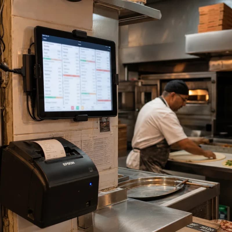 iPad an Wand mit Bestellungsliste, Bondrucker druckt Bon, Pizzaiolo arbeitet im Hintergrund