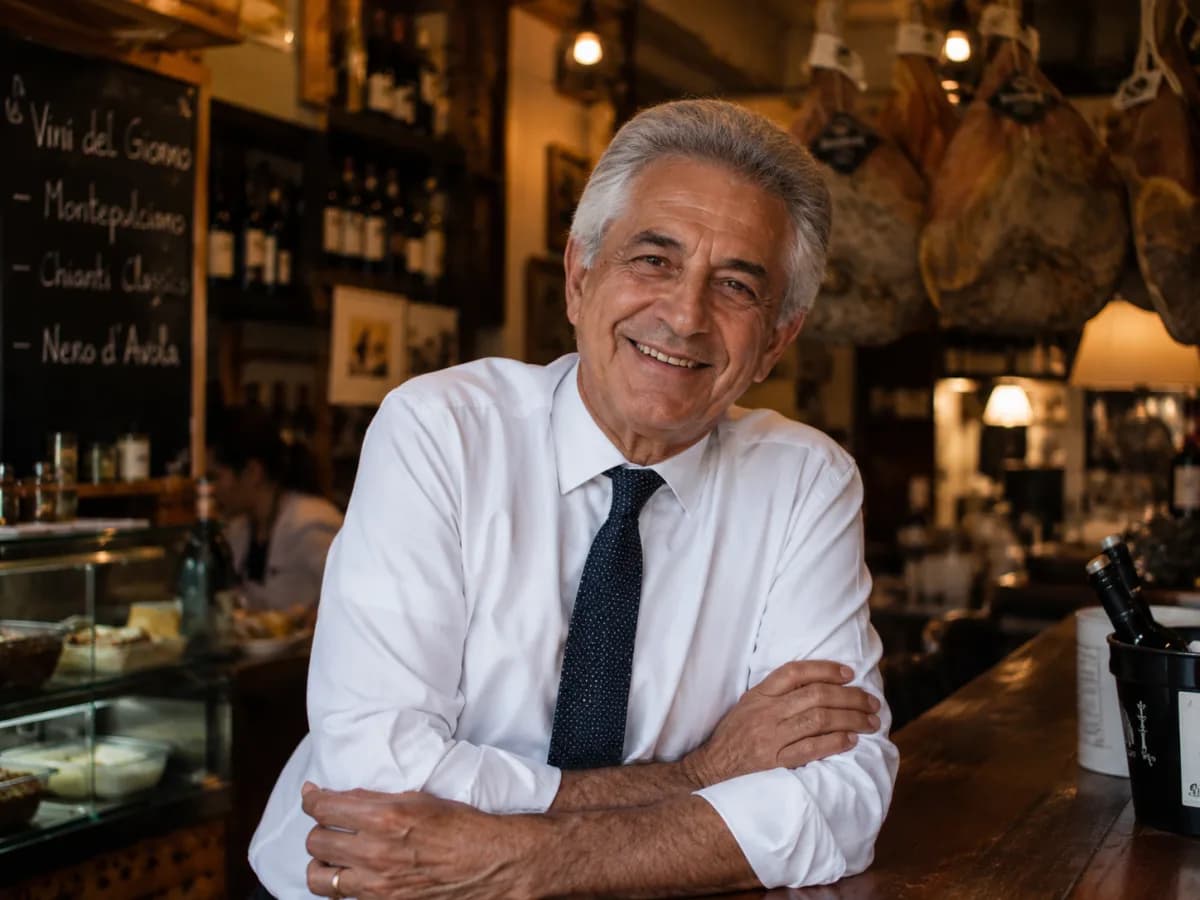 Restaurant-Inhaber in seiner Trattoria — orderbird läuft an der Bar, Menüheld auf dem iPad