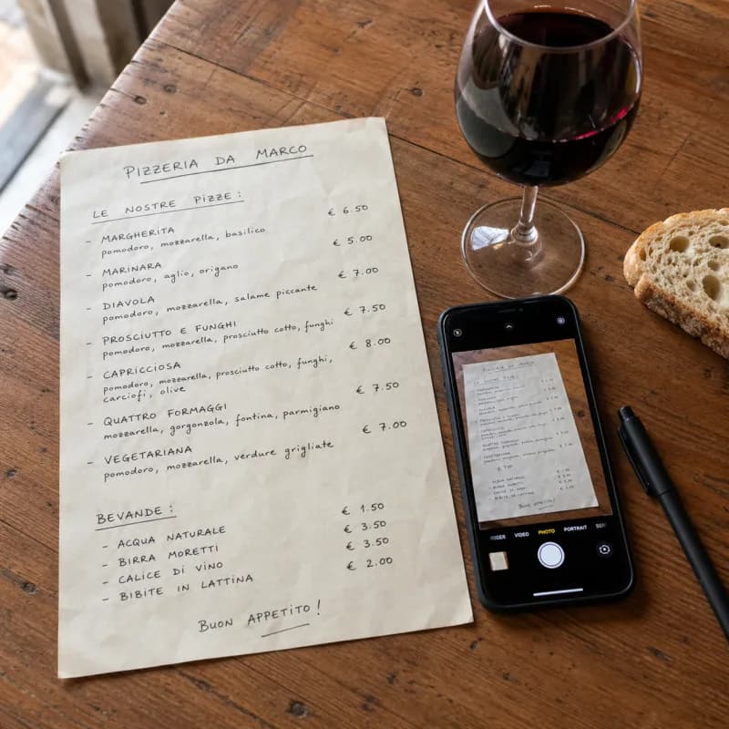 Handgeschriebenes italienisches Menue auf Holztisch, Smartphone fotografiert es
